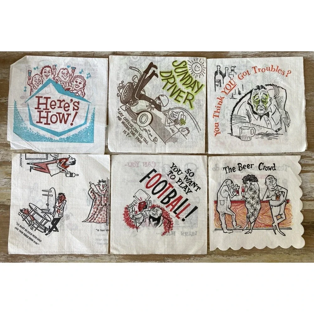 Vintage bar paper cocktail napkins gag joke themed football bartenders 1960's